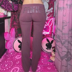 Victoria’s Secret PINK Fold Over Yoga Pants Bling Rhinestone Bootcut Flare Med